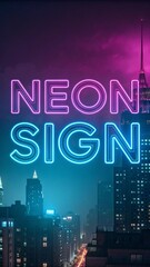 Naklejka premium Neon Cityscape at Night with Glowing NEON SIGN in Pink & Blue V2