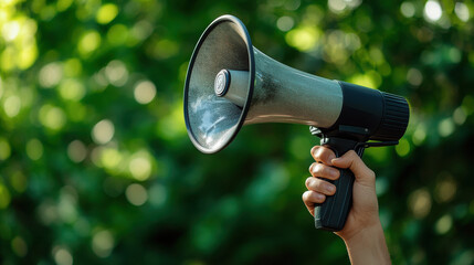 hand holds megaphone against blurred green background, conveying urgency