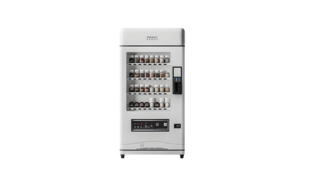 Blank white coffee vending machine mockup, side view isolated on a transparent background