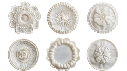 Blank white embroidered patch mockup, different types, top view isolated on a transparent background