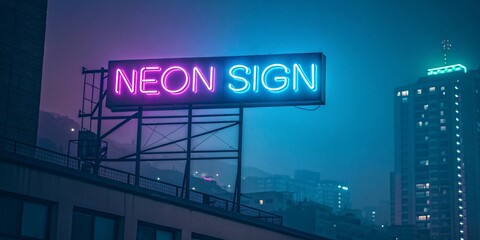 Obraz premium Neon Cityscape at Night with Glowing NEON SIGN in Pink & Blue V7