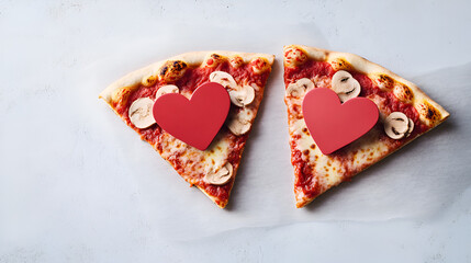 Two slices of pizza, each with a heart-shaped topping, are depicted as lovers in a fun and playful Valentine's Day pizzeria concept. The scene radiates love, humor, and deliciousness.