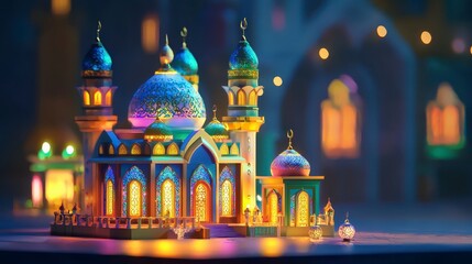 Obraz premium colorful mosque with intricate designs and vibrant lights, showcasing beautiful architecture and serene atmosphere. scene captures magical ambiance at night