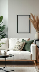 modern minimalist living room with white sofa pampas grass