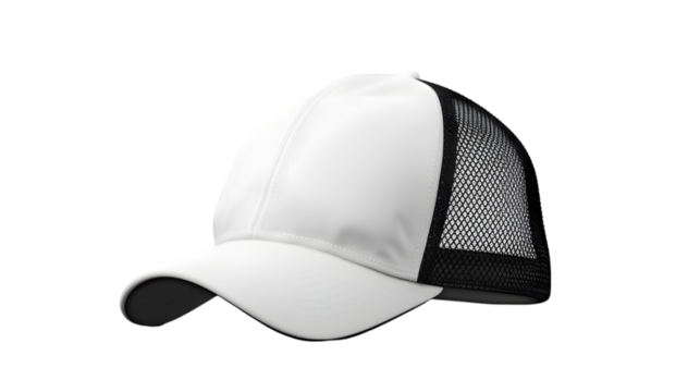 Blank white trucker hat mockup, profile view isolated on a transparent background