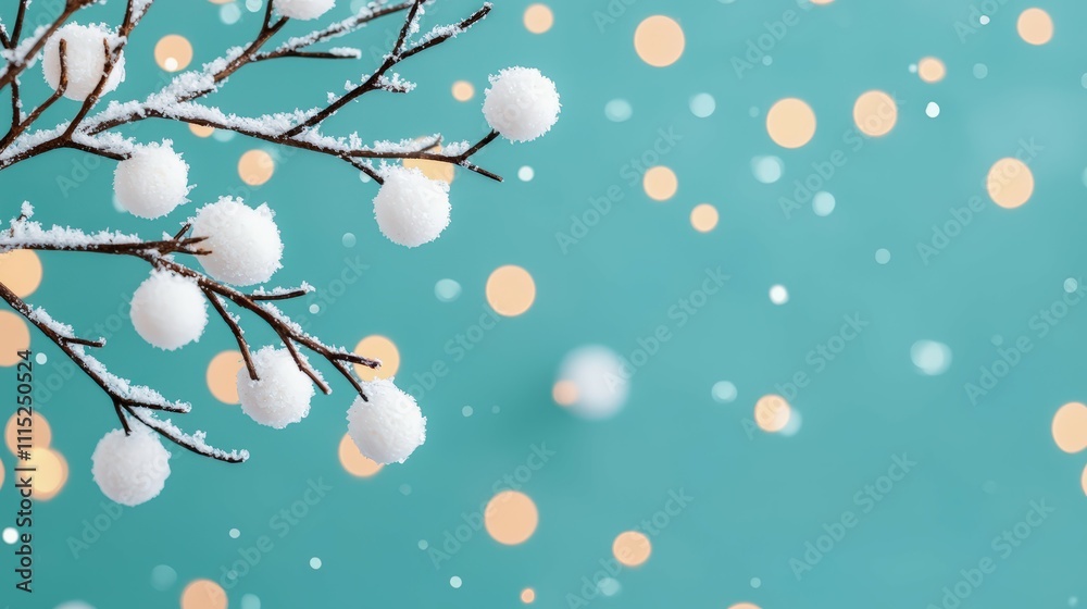 Wall mural Snowy branch with white balls against a soft turquoise background and blurred warm bokeh lights for winter decoration