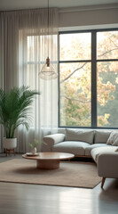 Fototapeta premium serene living room with gray sectional wooden coffee table