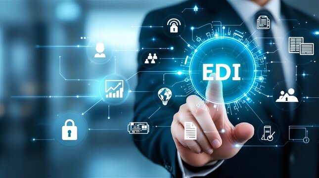 Businessperson Interacts with Futuristic EDI Technology Interface, Digital Transformation and Data Exchange System, Modern Business Concept