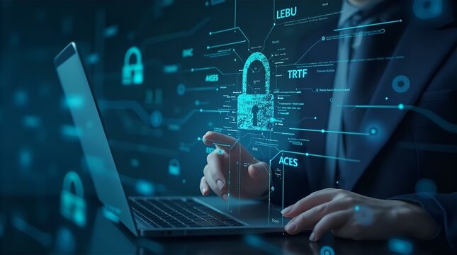 Businessperson using laptop with holographic cybersecurity interface showing data encryption and network security protocols, digital lock, and data flow, dark background.