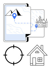 GPS navigation map on a device with mountain and castle, location pins, target, and house icons. Ideal for travel, adventure, exploration, real estate navigation tourism and technology. Line