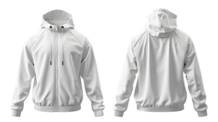 Blank white windbreaker mockup, front and back view isolated on a transparent background