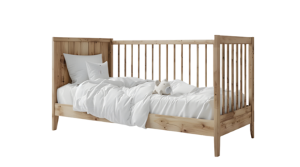 Blank wood cot with white crib sheet, protective bumpers mockup isolated on a transparent background