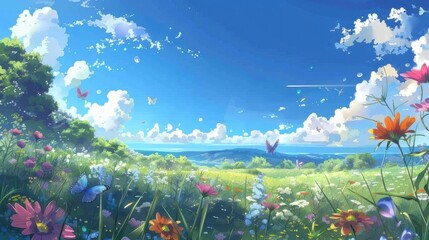 Obraz premium A vibrant landscape with flowers, butterflies, and a bright blue sky.