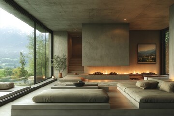 Modern Minimalist Living Room Mountain View Fireplace