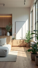 Fototapeta premium bright airy living room with light wood furnishings potted plants