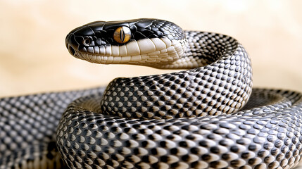 Obraz premium A close-up of a black snake with vibrant yellow eyes, its head raised and alert.