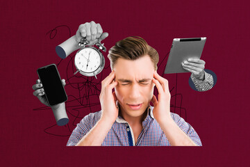 Composite image montage trend artwork 3D collage of young guy portrait headache hand hold clock...