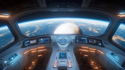 Spaceship Cockpit View of Earth and Moon
