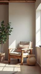 sunlit room with wooden armchair potted plant