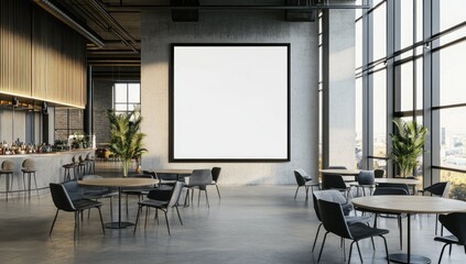 Modern Cafe Interior Design with Blank Billboard