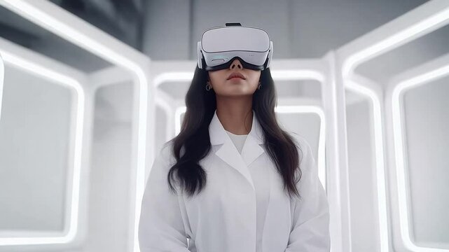 Innovative scientist lady experiences virtual reality technology in a sleek, modern environment