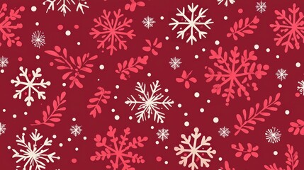 Festive Red Background with Various Snowflakes and Floral Elements for Holiday Decor or Seasonal Crafts
