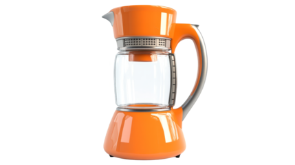 Vibrant orange coffee maker brewing fresh aromatic coffee into a glass carafe 