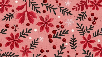 Festive Floral Pattern with Red Leaves, Berries, and Snowflakes on Pink Background for Holiday Decorations and Design