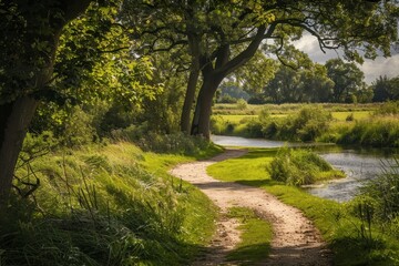 Fototapeta premium Serene riverside path surrounded by lush green trees in early morning light, inviting peaceful walks in nature's beauty