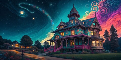 Obraz premium Whimsical Mansion with Cosmic Backdrop and Magical Gardens V2