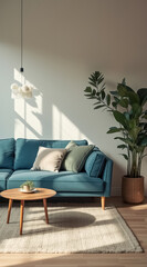 Obraz premium sunlit living room features a teal sofa a potted plant.