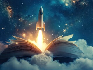 Obraz premium A Rocket Launching from an Open Book into a Starry Night Sky