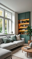 Fototapeta premium serene living room features a light grey sofa a green built- shelving unit.