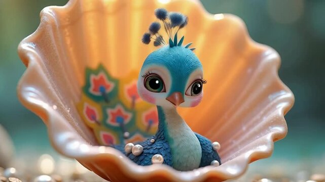 a cute baby peacock with hexa colors decorated with pearal and the pracock is sitting in a shell

