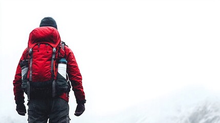 Naklejka premium Rear view of hiker with red backpack in snowy mountains. Generative ai