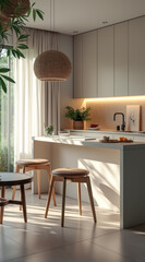 Fototapeta premium bright minimalist kitchen island with wooden stools