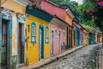 Naklejka premium Colorful cobblestone street in a vibrant neighborhood in Colombia showcasing charming colonial architecture and blooming flowers in the afternoon light