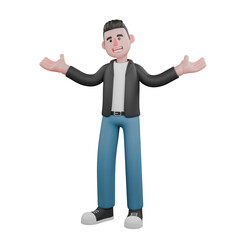 Fototapeta premium Cartoon Cameraman 3D Creative Artwork Design Model. A male cameraman stands with both hands extended to the side, head slightly tilted, smiling expression . Illustration