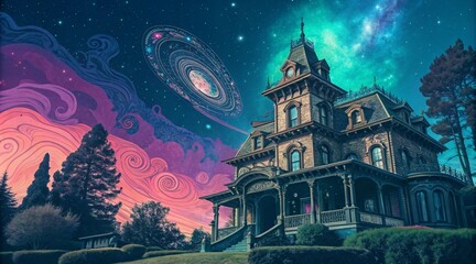Whimsical Mansion with Cosmic Backdrop and Magical Gardens V6