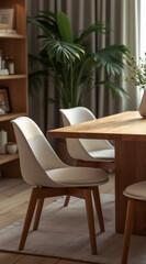 Obraz premium modern minimalist dining setting with wooden table chairs