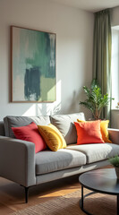 Fototapeta premium sunlit living room with gray sofa colorful pillows