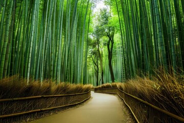 Tranquil bamboo pathway through lush greenery in a serene forest during daylight hours offering a peaceful escape from urban life