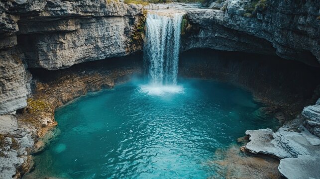 A powerful waterfall plunging into a crystal-clear turquoise pool, framed by rocky cliffs - Powered by Adobe
