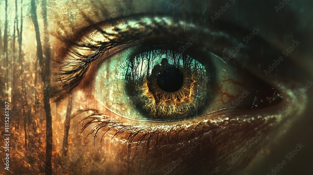 Poster exploring nature's mystique eye reflection forest setting digital art surreal environment close-up p