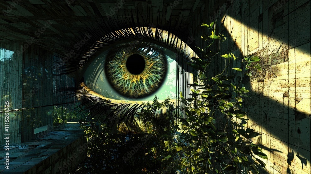 Poster surreal eye reflection abandoned building digital art urban jungle close-up view nature's reclamatio