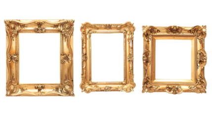 Decorative antique gold frames of square shape with elegant carved decoration isolated on a transparent background