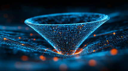 data funnel with swirling digital particles representing data flow innovation information processing efficiency analytics and technological connectivity