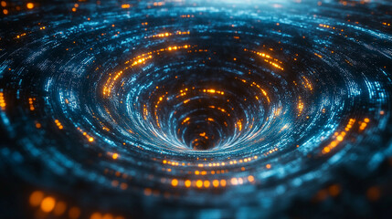 data funnel with swirling digital particles representing data flow innovation information processing efficiency analytics and technological connectivity