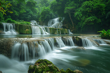Water tumbles gracefully over smooth rocks, creating a tranquil melody as lush trees surround the cascading waterfalls. The soft mist adds a magical atmosphere. Generative AI