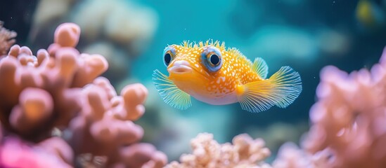 Fototapeta premium Adorable orange pufferfish swimming near coral reef.